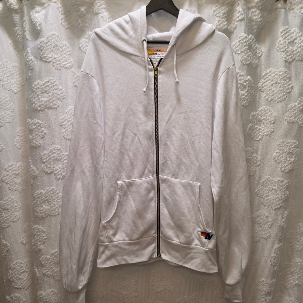 Aviator Nation White‎ Lightning Bolt Zip Up Hoodie XXL Mens Made in USA Retro